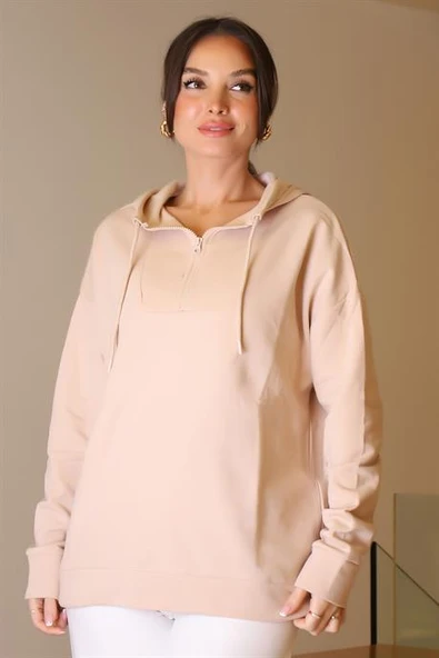 KAPÜŞONLU YAKASI FERMUARLI PUDRA KADIN SWEATSHİRT 2052-2K5 - 2