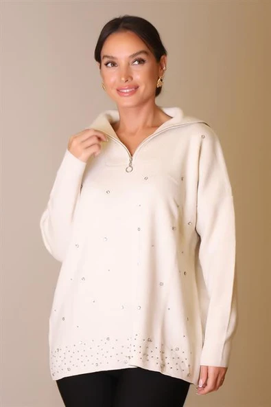 YAKASI FERMUARLI UZUN KOLLU TAŞ KADIN KAZAK 5219-2K5 - Resim 2