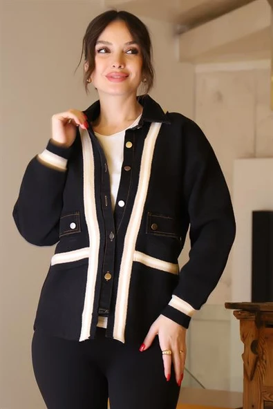 KOT DÜĞMELİ SİYAH KADIN CEKET T94587-2K5 - Resim 3