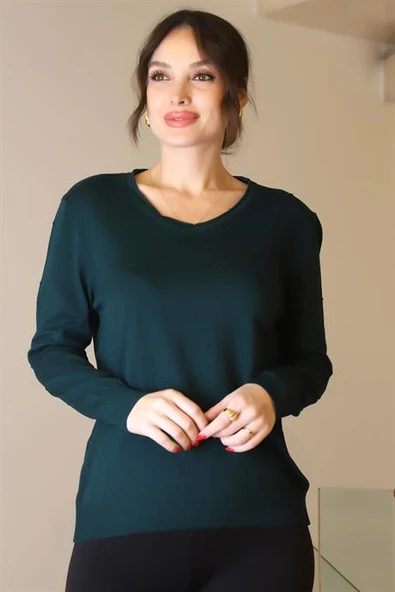 V YAKA UZUN KOLLU ZÜMRÜT  KADIN TRİKO KAZAK 5633-2K5 - Resim 3