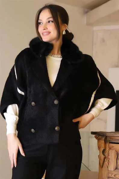 KÜRK YAKA UZUN KOLLU SİYAH KADIN CEKET 2028-2K5 - Resim 3