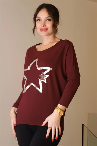 SIFIR YAKA YILDIZ BASKILI BORDO KADIN BLUZ  503-2K5 - Resim 4