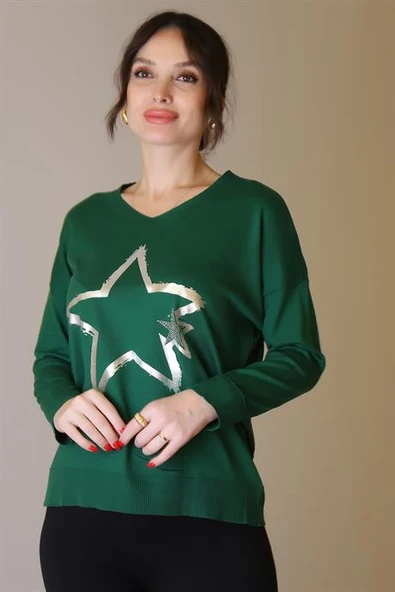 UZUN KOLLU V YAKA YEŞİL  TRİKO KADIN KAZAK 601-2K5 - Resim 2