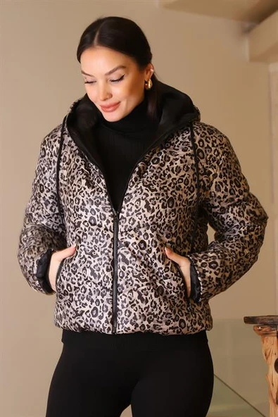 KAPÜŞONLU LEOPAR DESENLİ BEJ KADIN KABAN  180-2K5 - 4