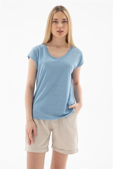 SIFIR YAKA KISA KOLLU MAVİ KADIN BLUZ 0202-2Y5 - 3