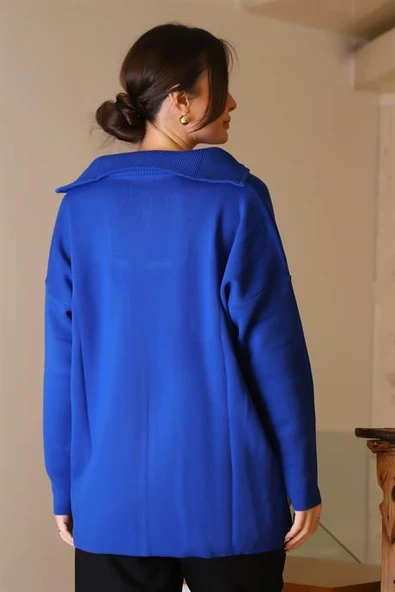 GENİŞ YAKA FERMUARLI SAKS TRİKO KADIN KAZAK 6078-2K5 - Resim 5