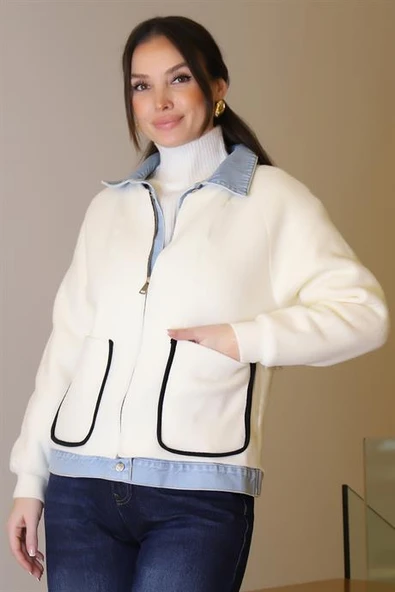 CEP DETAYLI UZUN KOLLU EKRU KADIN MONT T94581-2K5 ürün görseli