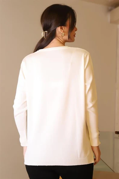 BİSİKLET YAKA KOLLARI DÜĞMELİ EKRU KADIN KAZAK 5575-2K5 - Resim 4