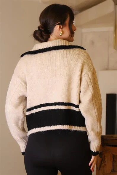 GENİŞ YAKA FERMUARLI TAŞ KADIN TRİKO CEKET T94594-2K5 - Resim 5