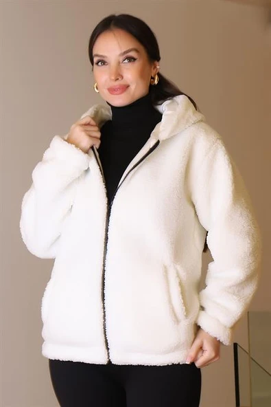 CEPLİ KAPÜŞONLU BEYAZ KADIN PELUŞ CEKET 196-2K5 - 3