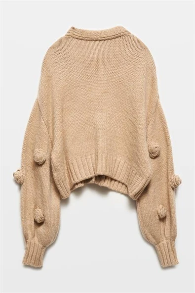 V YAKA EL İŞİ GÜL NAKIŞLI BEJ KADIN HIRKA 60216-2K5 - Resim 3