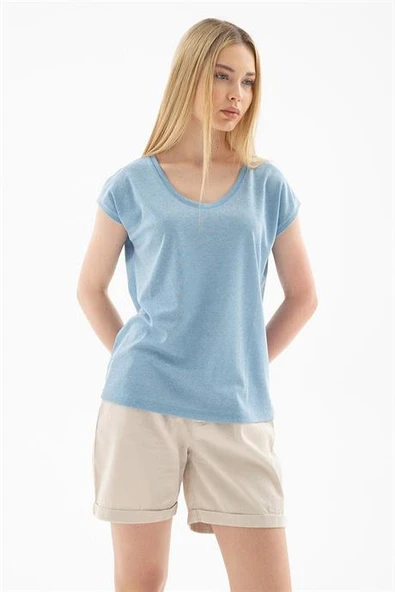 SIFIR YAKA KISA KOLLU MAVİ KADIN BLUZ 0202-2Y5 - 2