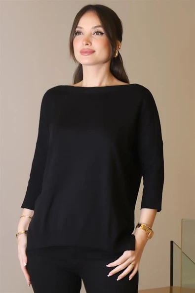 GENİŞ YAKA UZUN KOLLU SİYAH KADIN TRİKO KAZAK 5427-2K5