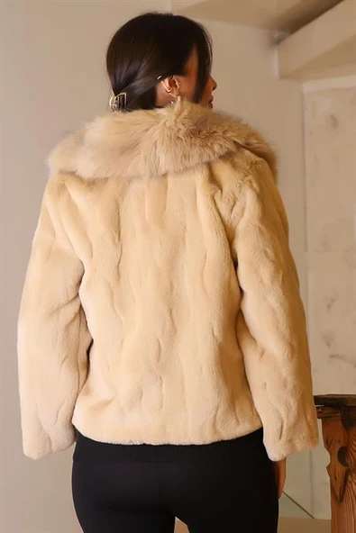 KÜRK YAKA UZUN KOLLU CAMEL KADIN CEKET   2637-2K5 - Resim 5