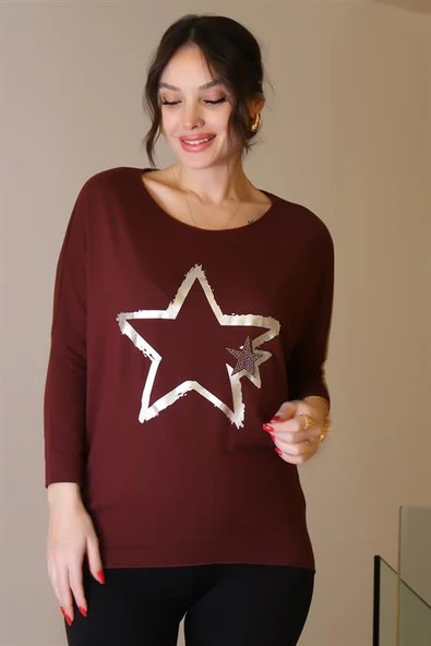 SIFIR YAKA YILDIZ BASKILI BORDO KADIN BLUZ  503-2K5 - Resim 2