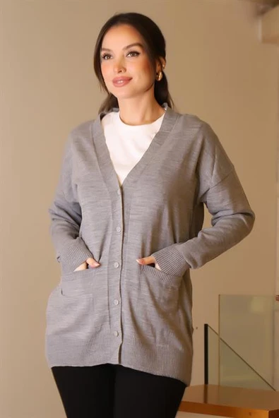 CEPLİ UZUN KOLLU GRİ KADIN HIRKA 5480-2K5 - Resim 2