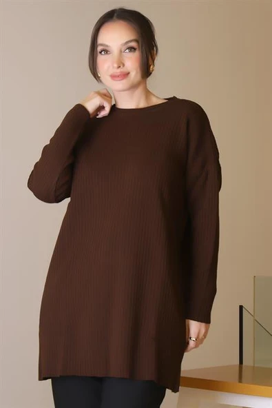 SIFIR YAKA UZUN KOLLU KAHVE KADIN TUNİK 6152-2K5 - 3