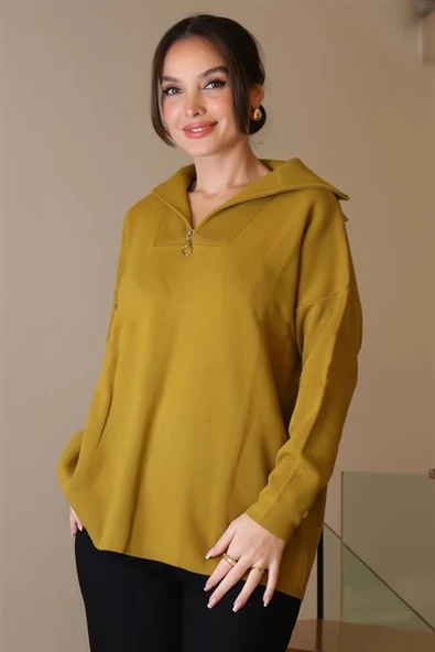 GENİŞ YAKA FERMUARLI  ASİT TRİKO KADIN KAZAK 6078-2K5 - 2