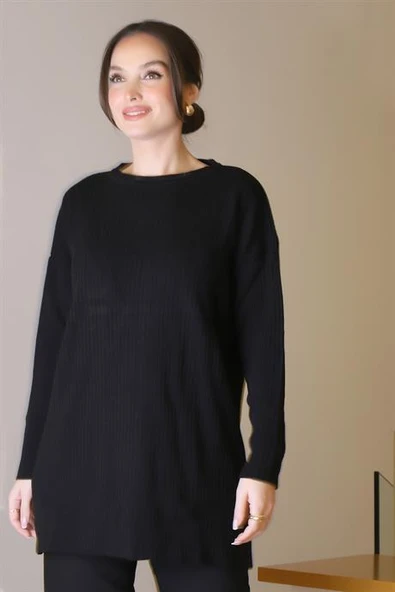 SIFIR YAKA UZUN KOLLU SİYAH KADIN TUNİK 6152-2K5 - Resim 3
