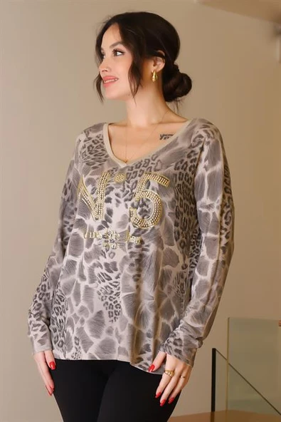 V YAKA TAŞLI BEJ KADIN BLUZ 5822-2K5 - Resim 2