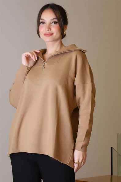 GENİŞ YAKA FERMUARLI CAMEL TRİKO KADIN KAZAK 6078-2K5 - Resim 3