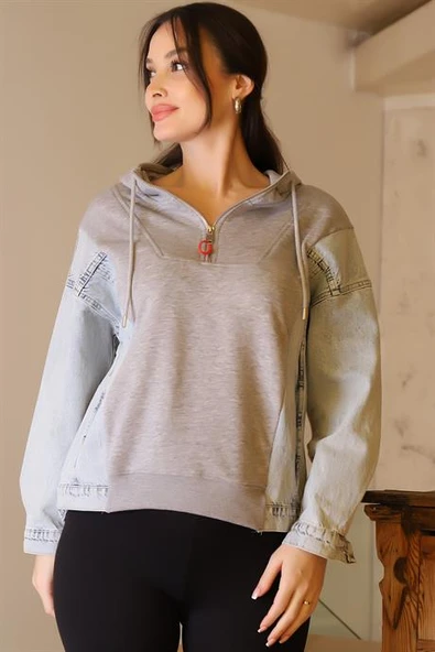 KAPÜŞONLU KOT DETAYLI GRİ KADIN SWEATSHİRT 29050-2K5 - 4