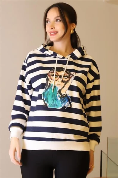 KAPÜŞONLU KIZ BASKILI LACİ KADIN SWEATSHİRT 29374-2K5 - 3