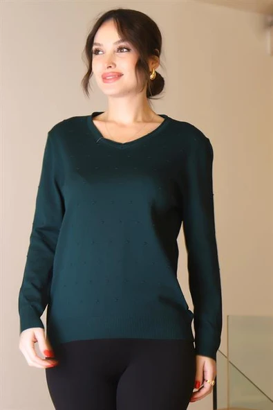 V YAKA UZUN KOLLU ZÜMRÜT  KADIN TRİKO KAZAK 5633-2K5 ürün görseli