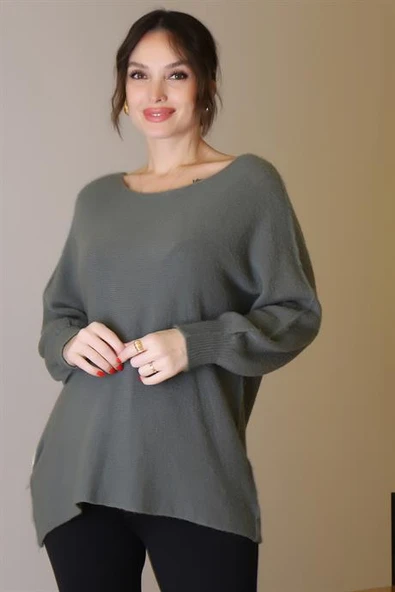 GENİŞ YAKA UZUN KOLLU HAKİ KADIN KAZAK 818-2K5 - 4