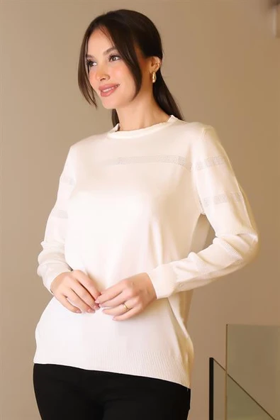 BİSİKLET YAKA EKRU  KADIN TRİKO KAZAK 5631-2K5 - Resim 3