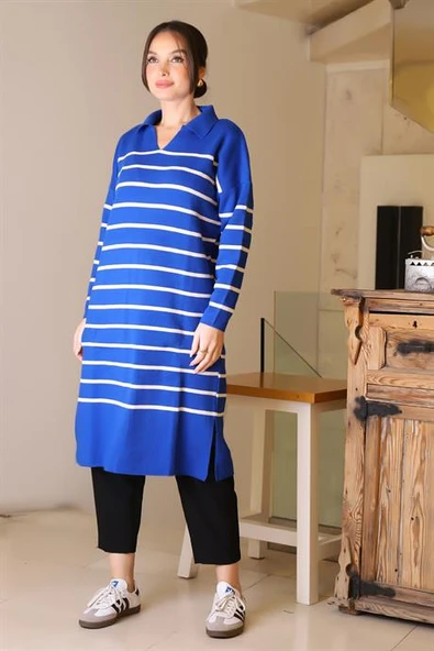 YANLARI YIRTMAÇLI UZUN KOLLU SAKS KADIN ELBİSE 5172-2K5 - Resim 2