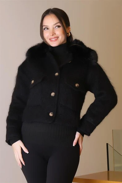 KÜRK YAKA SİYAH UZUN KOLLU KADIN CEKET  5632-2K5 - Resim 4