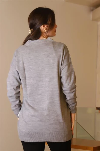 CEPLİ UZUN KOLLU GRİ KADIN HIRKA 5480-2K5 - Resim 5