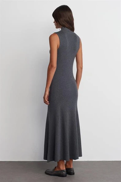 Dik Yaka Fitilli Kolsuz Füme Kadın Triko Elbise 90234-2K5 - Resim 5