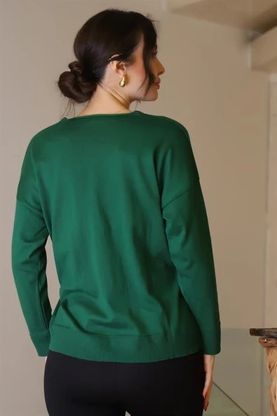 UZUN KOLLU V YAKA YEŞİL  TRİKO KADIN KAZAK 601-2K5 - Resim 4