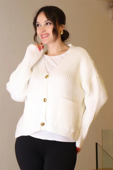 GOLD DÜĞMELİ UZUN KOLLU EKRU KADIN CEKET 94162-2K4 - Resim 4