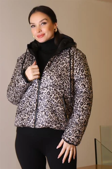 KAPÜŞONLU LEOPAR DESENLİ BEJ KADIN KABAN  180-2K5 - 1