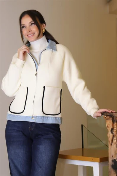 CEP DETAYLI UZUN KOLLU EKRU KADIN MONT T94581-2K5 - Resim 3