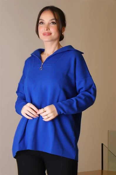 GENİŞ YAKA FERMUARLI SAKS TRİKO KADIN KAZAK 6078-2K5 - Resim 4