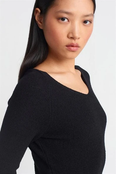 V Yaka Yumuşak Dokulu Fitilli Siyah Kadın Triko Elbise 90242-2K5 - 3