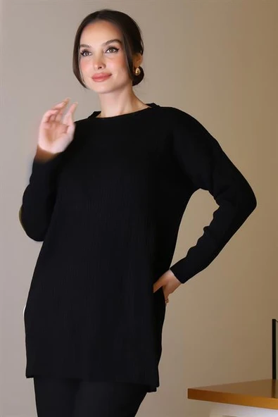 SIFIR YAKA UZUN KOLLU SİYAH KADIN TUNİK 6152-2K5 - Resim 4