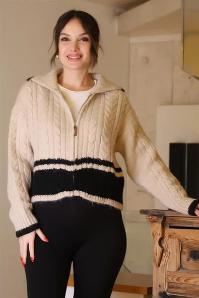 GENİŞ YAKA FERMUARLI TAŞ KADIN TRİKO CEKET T94594-2K5 ürün görseli