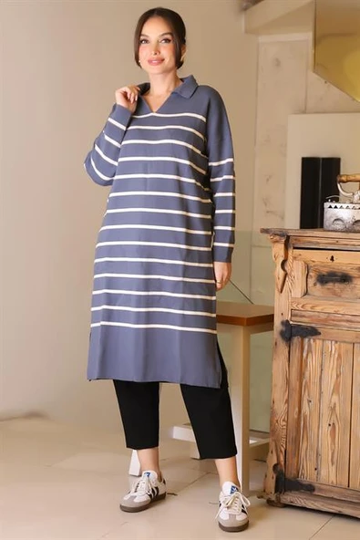 YANLARI YIRTMAÇLI UZUN KOLLU İNDİGO  KADIN ELBİSE 5172-2K5 - Resim 3