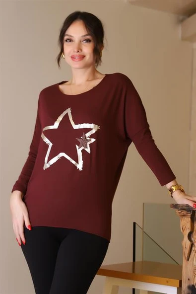 SIFIR YAKA YILDIZ BASKILI BORDO KADIN BLUZ  503-2K5 ürün görseli