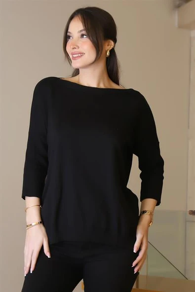 GENİŞ YAKA UZUN KOLLU SİYAH KADIN TRİKO KAZAK 5427-2K5 - 2