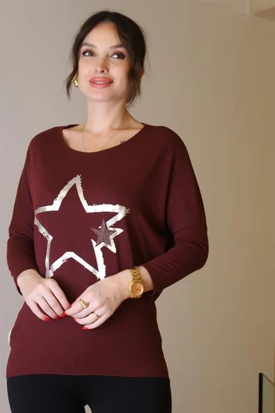 SIFIR YAKA YILDIZ BASKILI BORDO KADIN BLUZ  503-2K5 - Resim 3