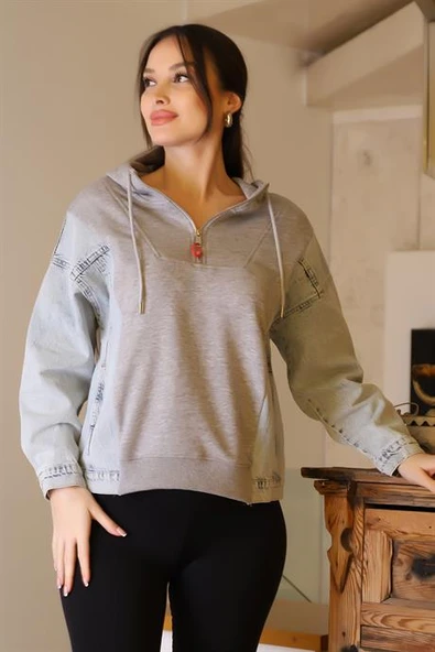 KAPÜŞONLU KOT DETAYLI GRİ KADIN SWEATSHİRT 29050-2K5