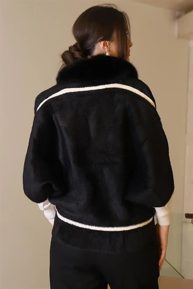 KÜRK YAKA UZUN KOLLU SİYAH KADIN CEKET 2028-2K5 - Resim 5