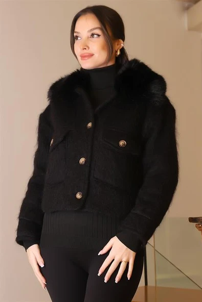 KÜRK YAKA SİYAH UZUN KOLLU KADIN CEKET  5632-2K5 ürün görseli