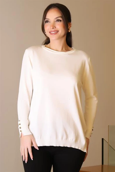 BİSİKLET YAKA KOLLARI DÜĞMELİ EKRU KADIN KAZAK 5575-2K5 ürün görseli